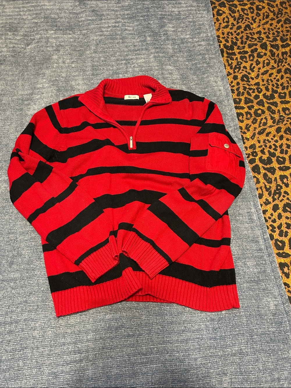 liz & co. Red and Black Striped Zip-Up Sweater